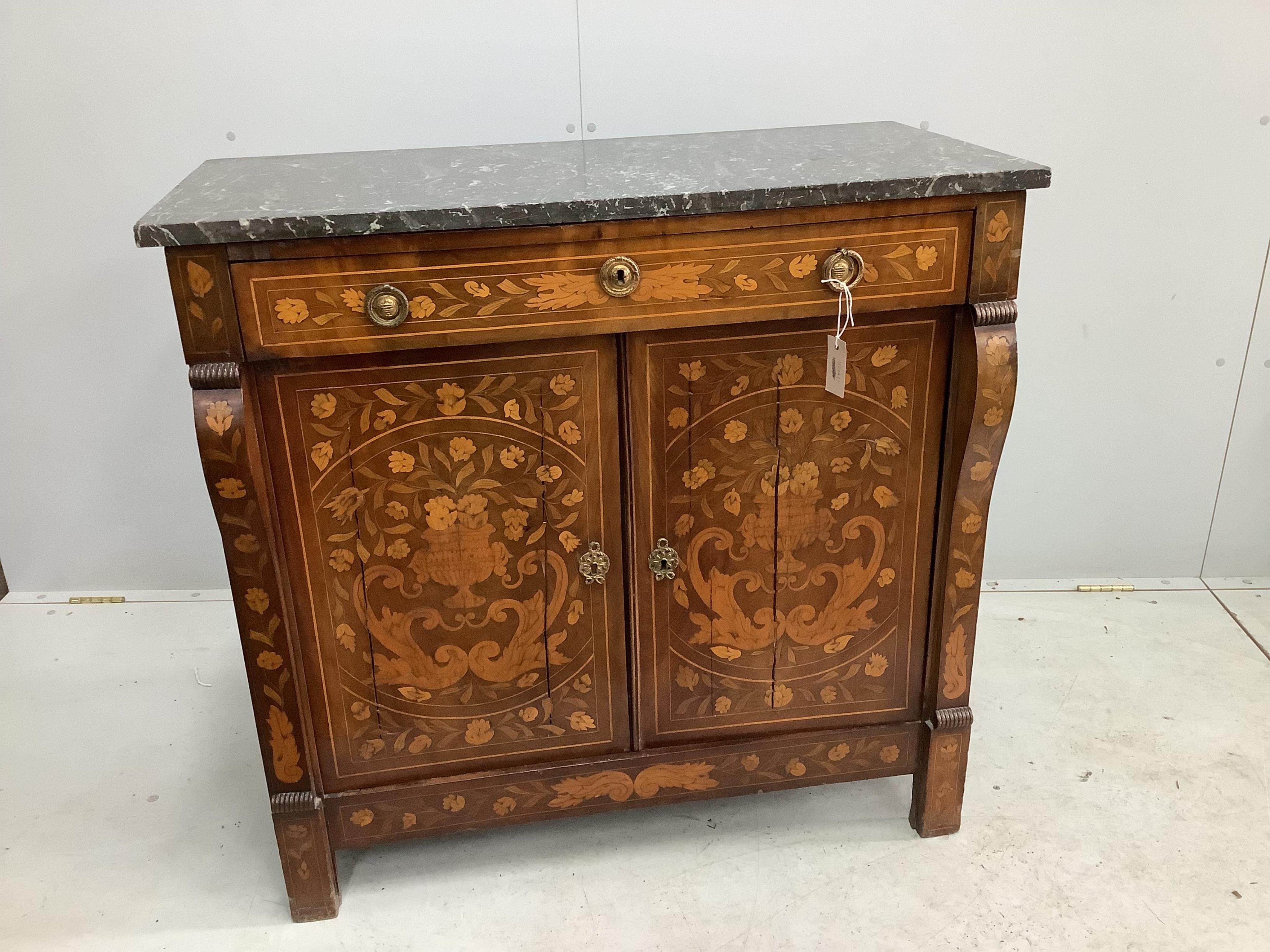 A 19th century Dutch walnut and marquetry cabinet with marble top, width 100cm, height 95cm. Condition - poor, cracking to both doors